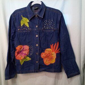 Lighthouse Apparel Jacket Women M Denim Flower Patches Sequins Button Up